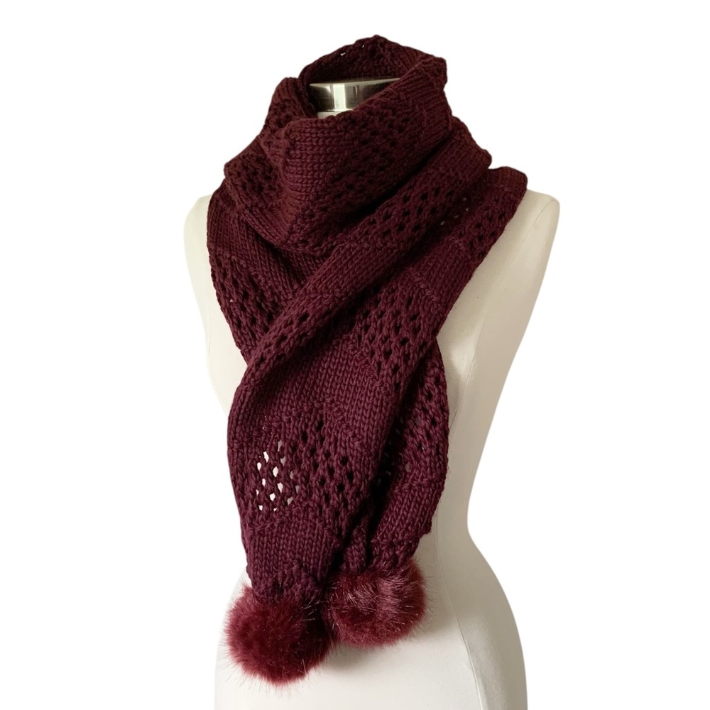 MixIt Maroon Acrylic Knit Scarf with Faux Fur Pompoms - Picture 2 of 7